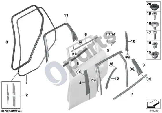 BMW X3 G45 galinių durų apdailos ir sandarikliai – schema