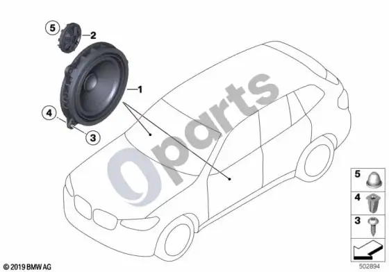BMW X4 G02 priekinių durų garsiakalbio atskiros dalys – schema