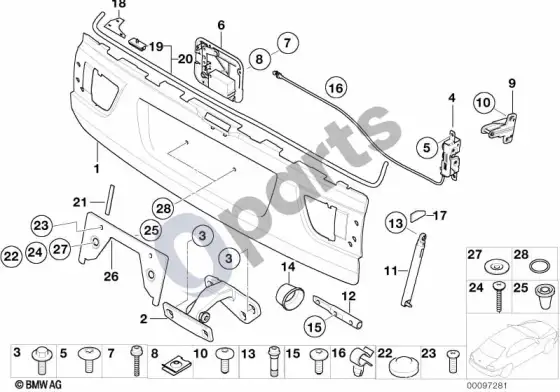 BMW X5 E53 atskiros bagažinės dangčio dalys – schema