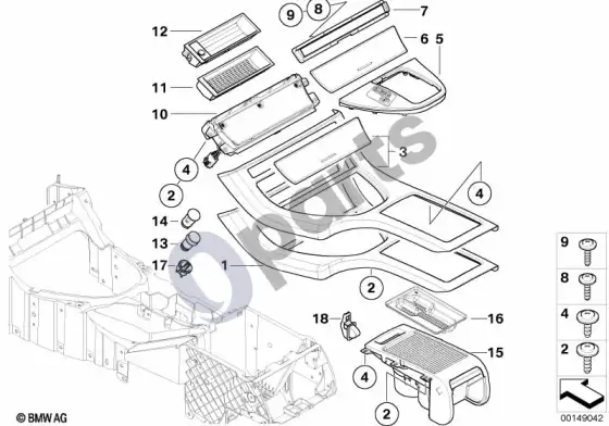 BMW X5 E53 centrinės konsolės tvirtinimo detalės – schema