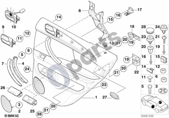 BMW X5 E53 galinė durų apdailos plokštė / šoninė oro pagalvė – schema