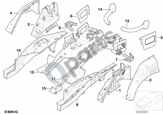 BMW X5 E53 galinė ratų arka/grindų dalys – schema
