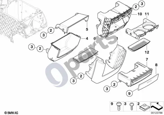 BMW X5 E53 galinės centrinės konsolės tvirtinimo detalės – schema