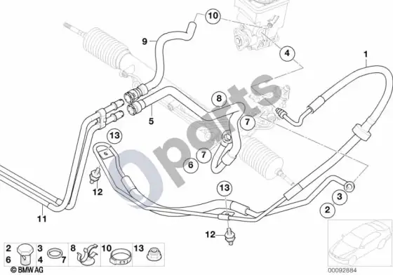 BMW X5 E53 hidraulinės vairo sistemos alyvos vamzdžiai – schema