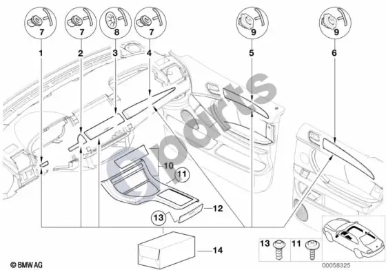 BMW X5 E53 aukštos kokybės medžio apdaila, tamsus topolis – schema