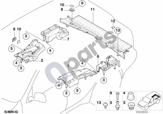 BMW X5 E53 apmušalas, bagažinės dugnas – schema
