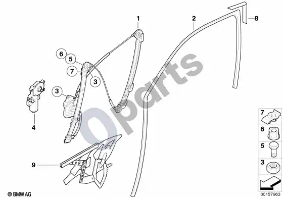 BMW X5 E53 priekinis durų stiklo pakėlimo mechanizmas – schema