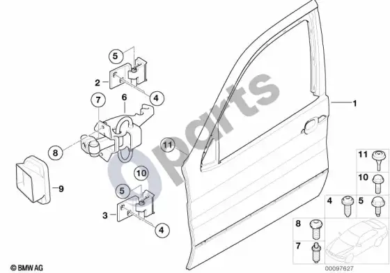 BMW X5 E53 priekinių durų vyris / durų ribotuvas – schema