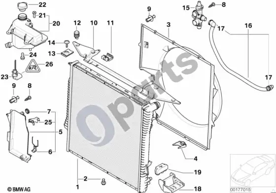 BMW X5 E53 radiatorius / išsiplėtimo bakelis / rėmas – schema