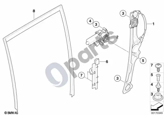 BMW X5 E70 galinis durų stiklo pakėlimo mechanizmas – schema