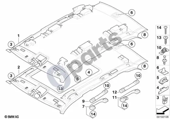 BMW X5 E70 lubų apmušalas – schema