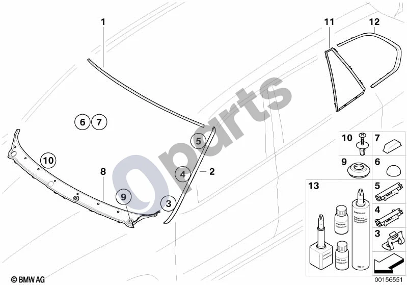 BMW X5 E70 (2006–2013) Stiklai, tvirtinimo detalės schema – pozicija 08: Dangtis, priekinio stiklo skydelis
