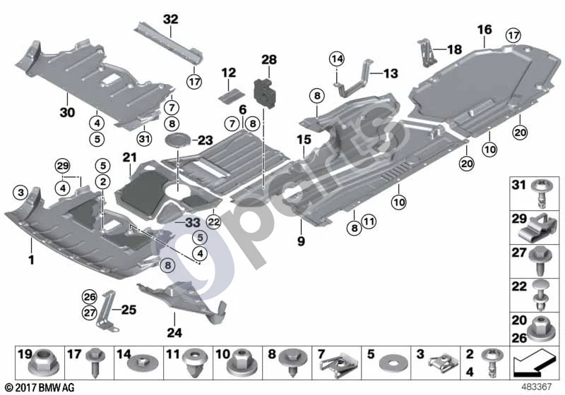 BMW X5 E70 (2006–2013) Dugno apsauginė danga (X5 E70 LCI X530DX) schema – pozicija 25: Kairysis variklio skyriaus apsaugos laikiklis