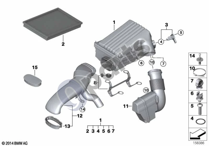 BMW X5 E70 (2006–2013) Įsiurbimo oro duslintuvas / filtro elementas / oro masės matuoklis (HFM, X5 E70 X53.0SI) schema – pozicija 13: Įsiurbimo kolektorius
