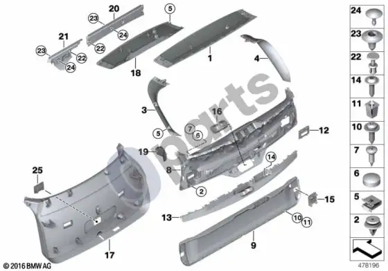 BMW X5 F15 bagažinės dangčio apdailos plokštė – schema