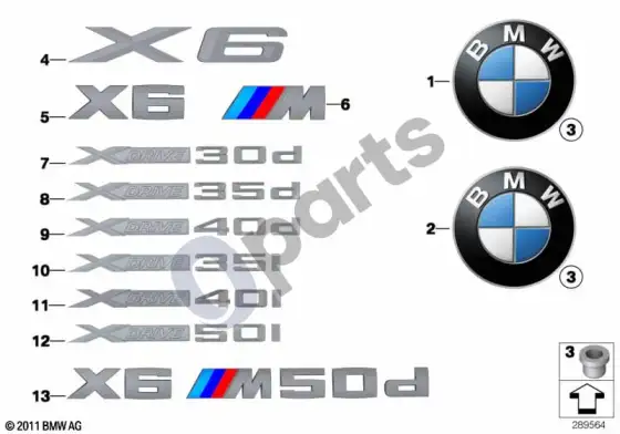 BMW X6 E71 emblemos / užrašai – schema
