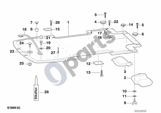 BMW Z3 E36 priekaba, atskiros dalys, grindų mazgas – schema