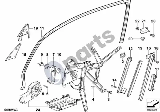 BMW Z3 E36 priekinis durų stiklo pakėlimo mechanizmas – schema