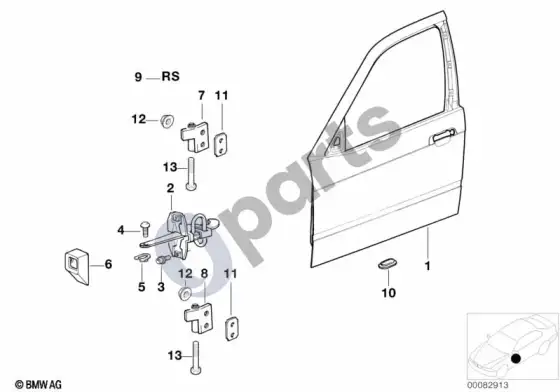 BMW Z3 E36 priekinių durų vyris / durų ribotuvas – schema
