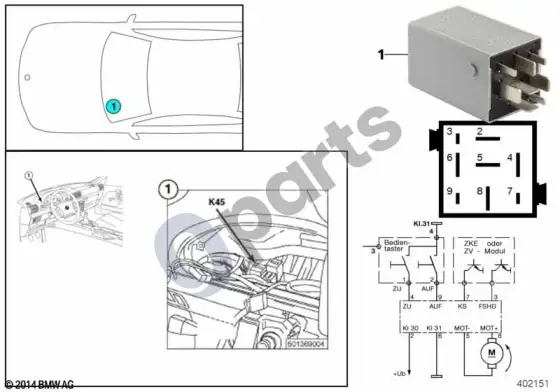 BMW Z3 E36 relė, atsilenkiantis ir slankiojantis liukas, K45 – schema