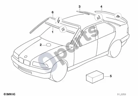 BMW Z3 E36 stiklai, tvirtinimo detalės – schema