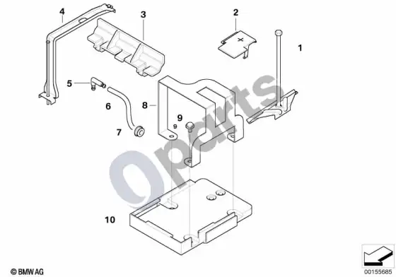 BMW Z4 E85 E86 akumuliatoriaus laikiklis ir tvirtinimo detalės – schema