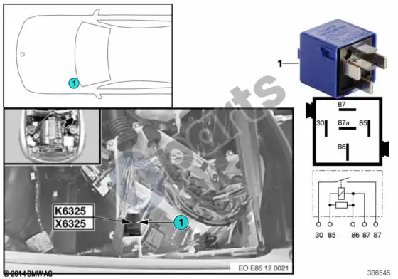BMW Z4 E85 E86 atbulinės eigos žibinto relė K6325 – schema