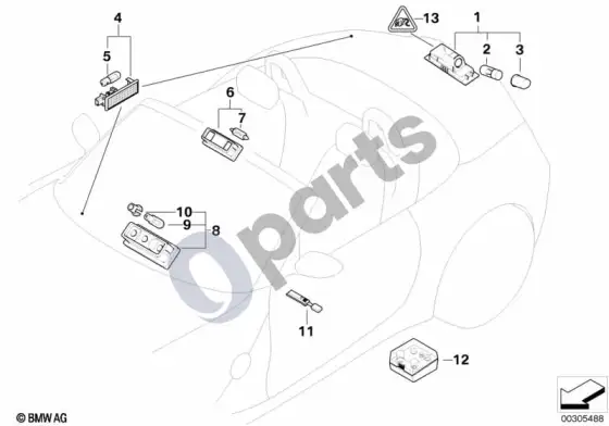 BMW Z4 E85 E86 įvairios lemputės / atsarginių lempučių dėžutė – schema