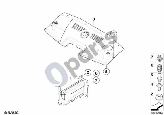 BMW Z4 E85 E86 tvirtinimo detalės, variklio skyriaus – schema
