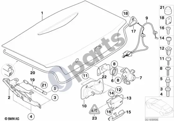 BMW Z4 E85 E86 atskiros bagažinės dangčio dalys – schema