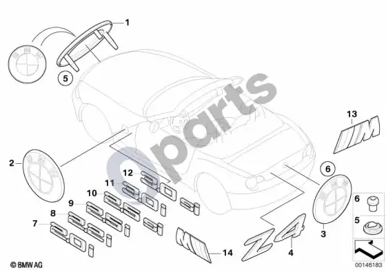 BMW Z4 E85 E86 emblemos / užrašai – schema