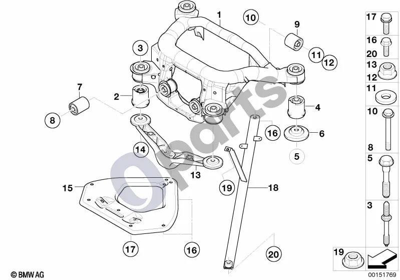 BMW Z4 E85 E86 (2002–2008) Galinės ašies rėmas (Z4 E85 Z42.0I) schema – pozicija 18: Dešinė traukė