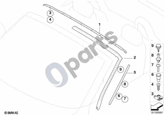 BMW Z4 E85 E86 priekinio stiklo rėmo uždanga – schema