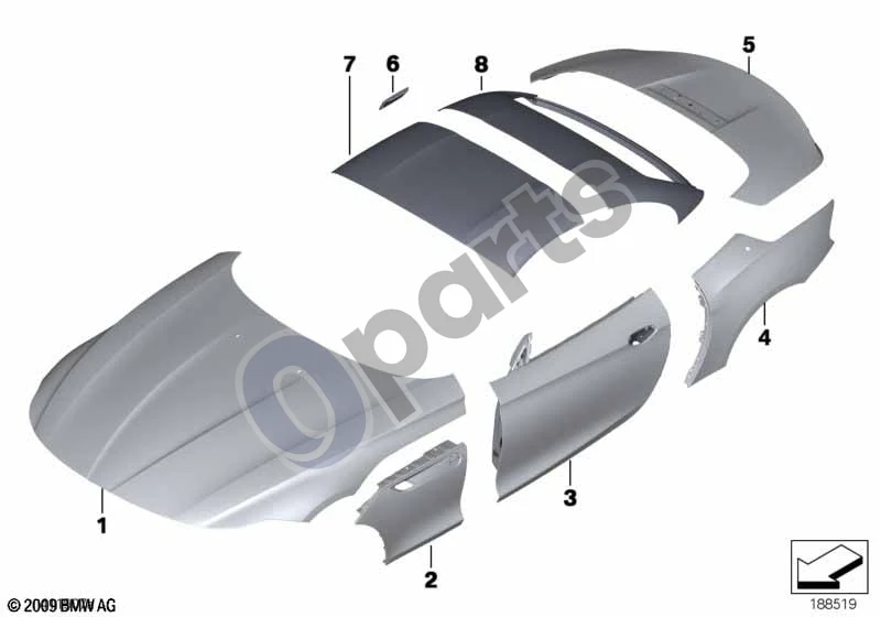 BMW Z4 E89 (2009–2017) Išorinė plokštė schema – pozicija 01: Variklio dangtis