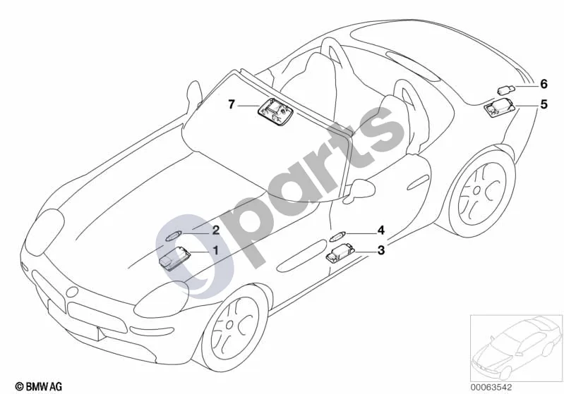 BMW Z8 E52 (1998–2003) Įvairios lemputės schema – pozicija 07: Apšvietimo plokštė