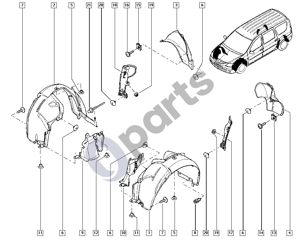 Dacia Logan I (2004–2012) Ratų arkos apsauga (K9K) schema – pozicija 6: Fiksavimo spaustukas