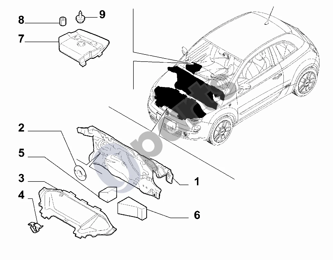 Fiat 500 (2007–) Izoliacija ir paminkštinimas schema – pozicija 4: Segtukas (Weight: 1)