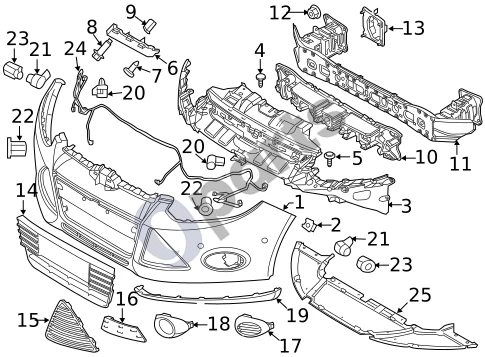 Ford Focus (2010–2017) Bamperis ir komponentai - priekinis (1) schema – pozicija 12: Smūgio sijos veržlė, kairė