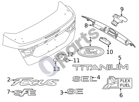 Ford Focus bagažinės durys – schema