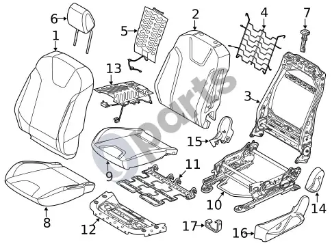 Ford Focus keleivio sėdynės komponentai (1) – schema