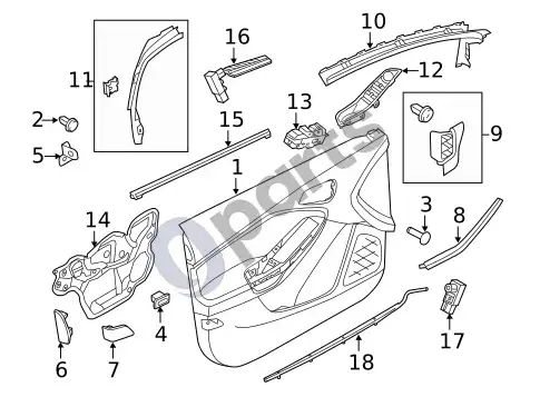 Ford Focus salono apdaila – priekinės durys (1) – schema