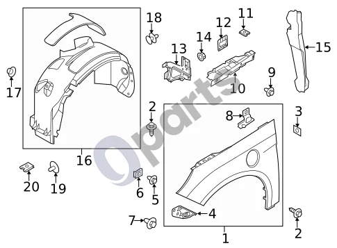 Ford Focus (2010–2017) Priekinės grindys schema – pozicija 17: Sparno porato apsaugos veržlė (Fender liner,nut. Fender liner,retainer. Front. Side reinf,nut. 2018-19, covers & brackets, 4.2x1.32.1. Hybrid. Fenders & splash shields. Energi. 2016-17, covers & brackets, with 3.5L turbo, 4.8x2.1-3)