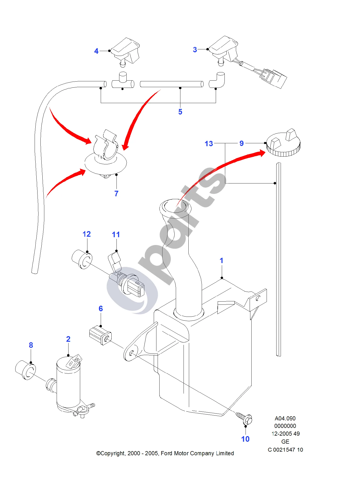 Ford Mondeo Mk III (2000–2007) Priekinio stiklo plovimo sistema (2ND GENERATION) schema – pozicija 4: Purkštuko komplektas