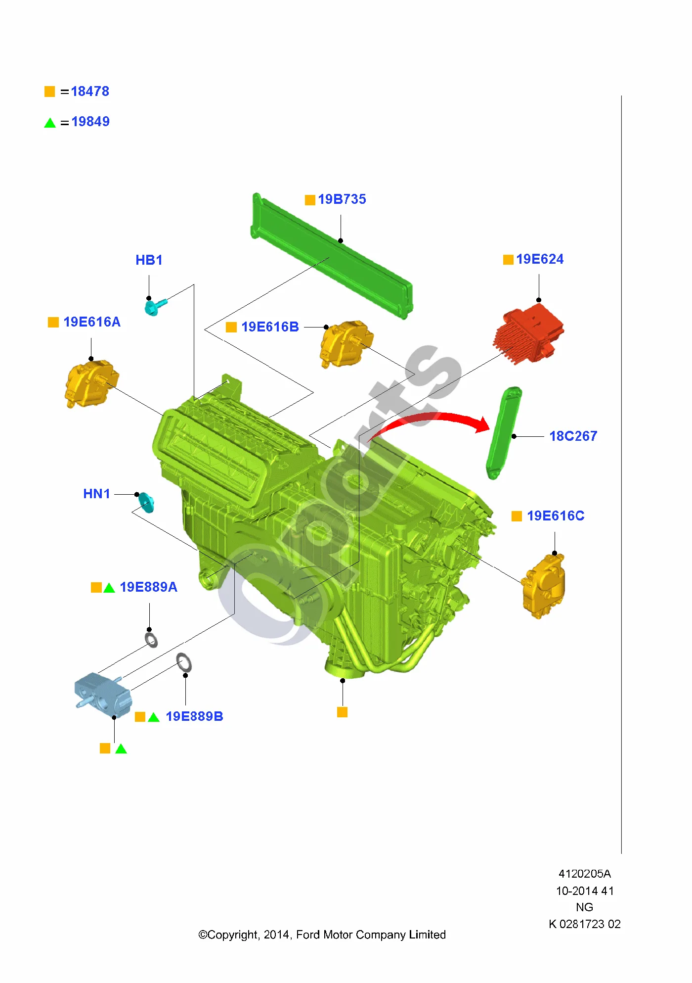 Ford Mondeo MK IV (2007–2014) Šildymo/oro kondicionavimo išoriniai komponentai schema – Variklis (Mode Control)