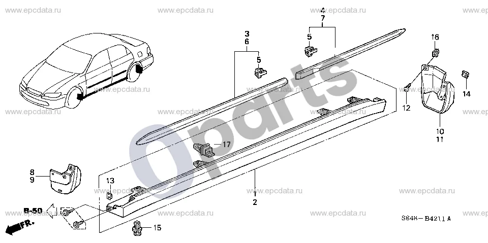 Honda Accord (1999–2002) Apsauga schema – pozicija 17: Spaustukas, viršutinė slenksčio apdaila