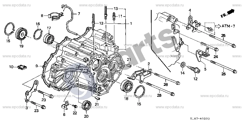 Honda Accord (1999–2002) Pavarų dėžės korpusas (F18B2) schema – pozicija 14: Poveržlė, išleidimo kamštis, 18MM