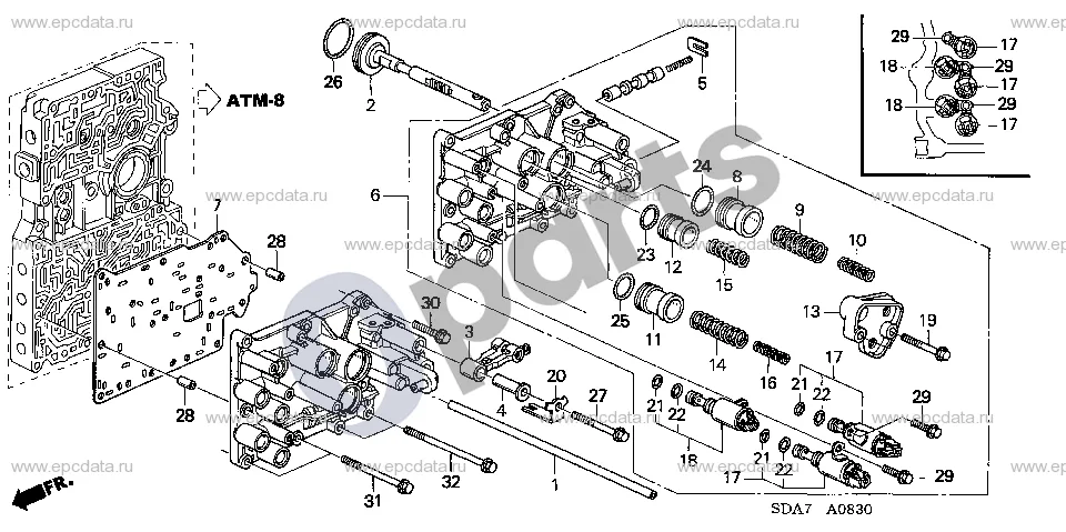Honda Accord (2003–2007) Servo korpusas (l4, K24A4) schema – pozicija 17: Solenoidas A, mazgas