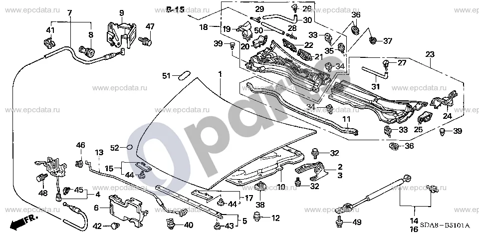 Honda Accord (2003–2007) Kapotas (dešinė) schema – pozicija 43: Spaustukas, bagažinės apdailos juosta