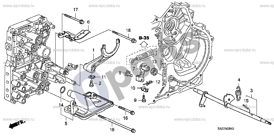 Honda Accord (2008–2016) Perjungimo šakutė (l4, K24Z2) schema – pozicija 5: Automatinės pavarų dėžės alyvos filtras, mazgas