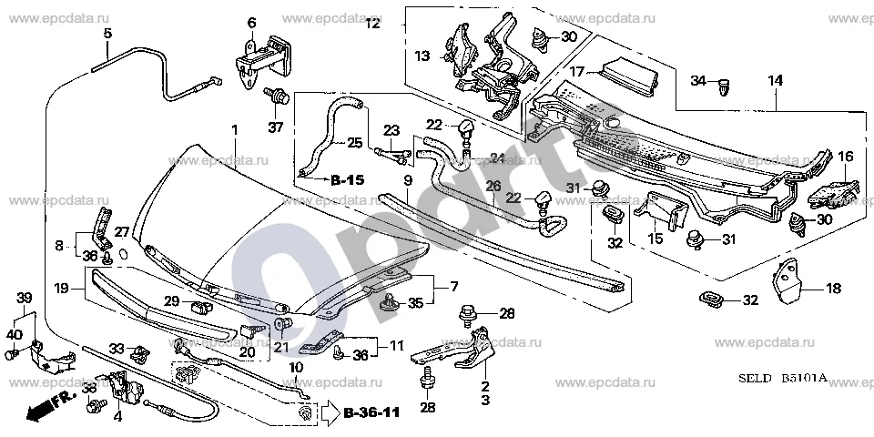 Honda City (2002–2008) Kapotas (dešinė) schema – pozicija 30: Segtukas, priekinio skydo viršus